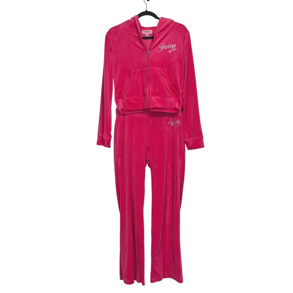 Juicy Couture Hot Pink Velour Tracksuit Hoodie Flare Pants Rhinestone Set Medium